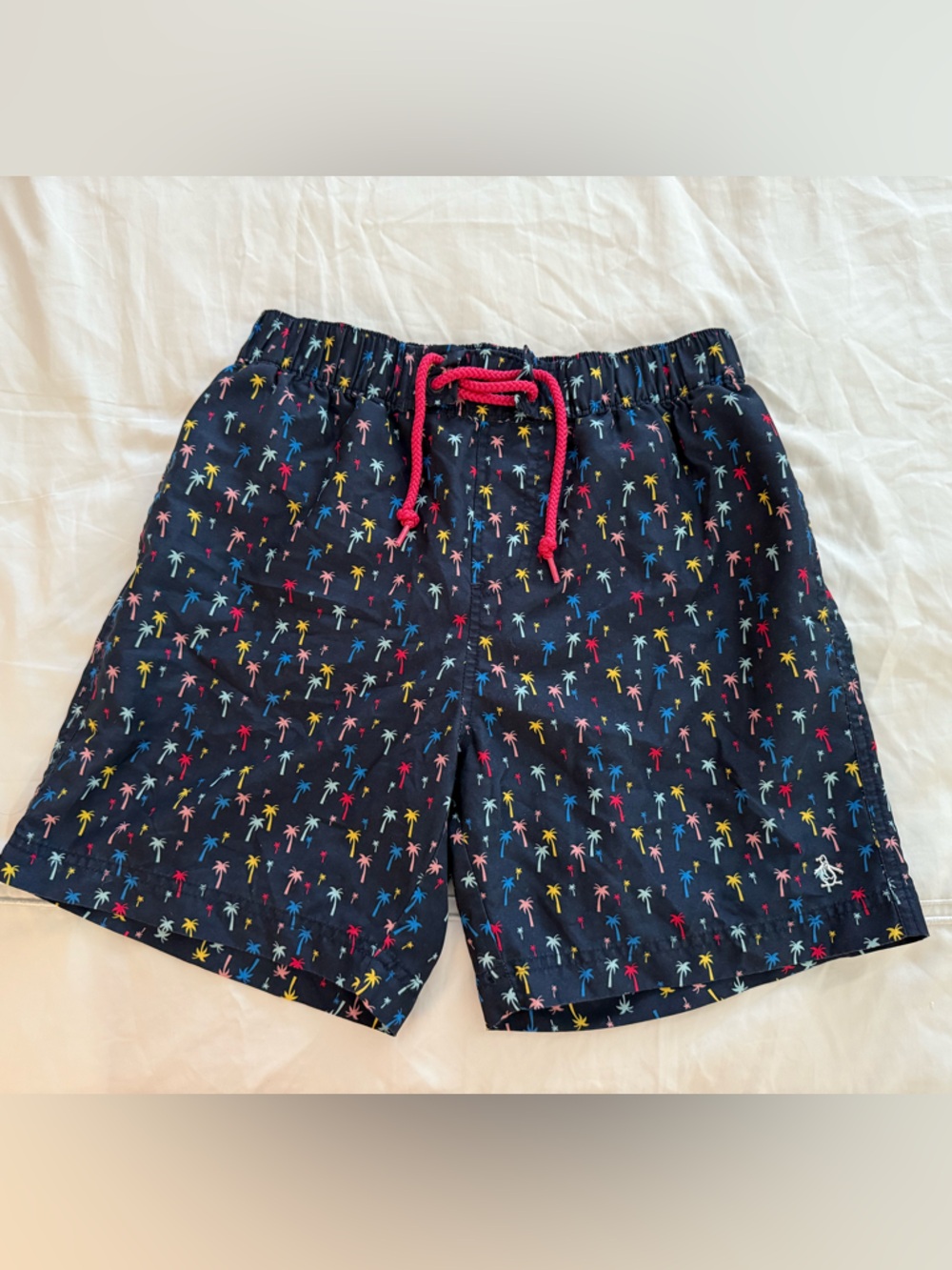 Original Penguin Navy Swim Shorts Multicolor Palm Print Red Bathing Suit Trunks